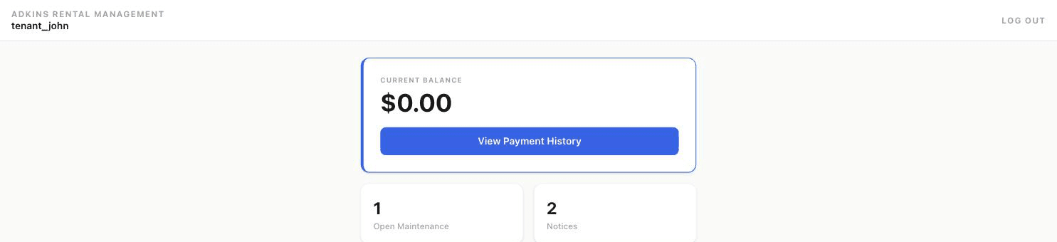 Tenant dashboard showing current balance and open maintenance/notices counts