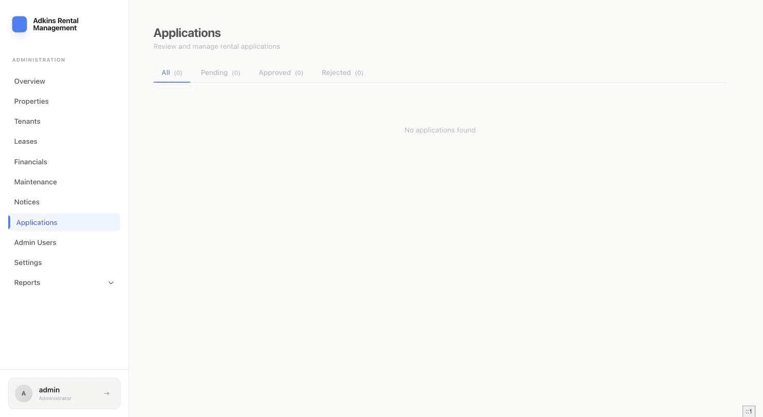 Applications page with All, Pending, Approved, and Rejected status tabs