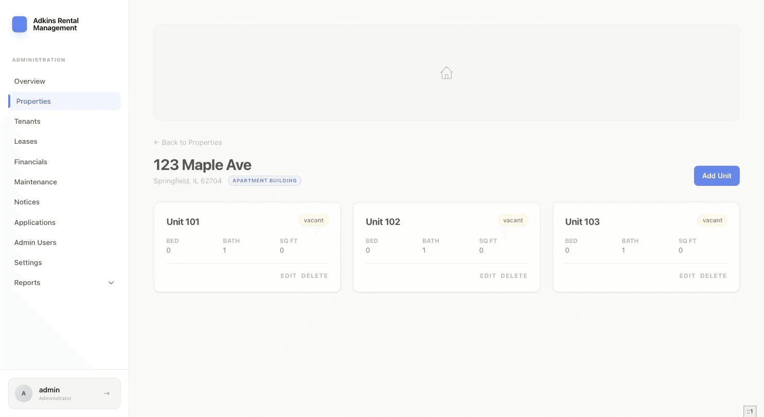 Property details page showing three unit cards, each with bed/bath/sqft and a vacant status badge