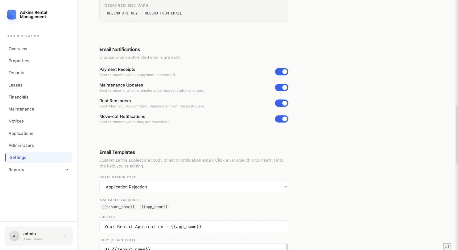 Email Templates editor showing notification type, available variables, subject, and body fields