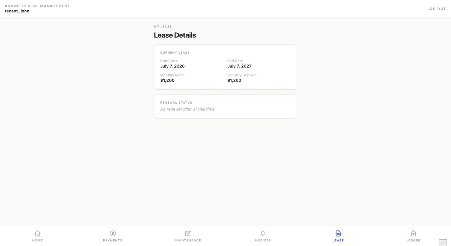 Tenant-side lease page showing current lease details and renewal status