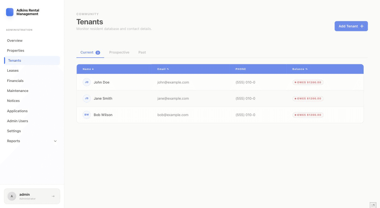 Tenants list showing name, email, phone, and balance columns