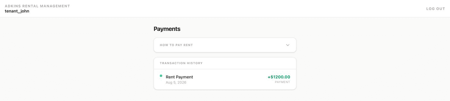 Tenant portal payments view showing rent payment transaction history